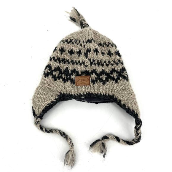 Kyber 100% Kids Brown Wool Knit Hat Ear Flaps Tassels Fleece lined Made Nepal - Picture 3 of 6